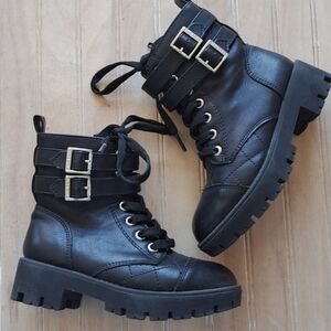 BCBG Girl Adrianna Combat Double Buckle Lace Side Zip Chunky Ankle Boots